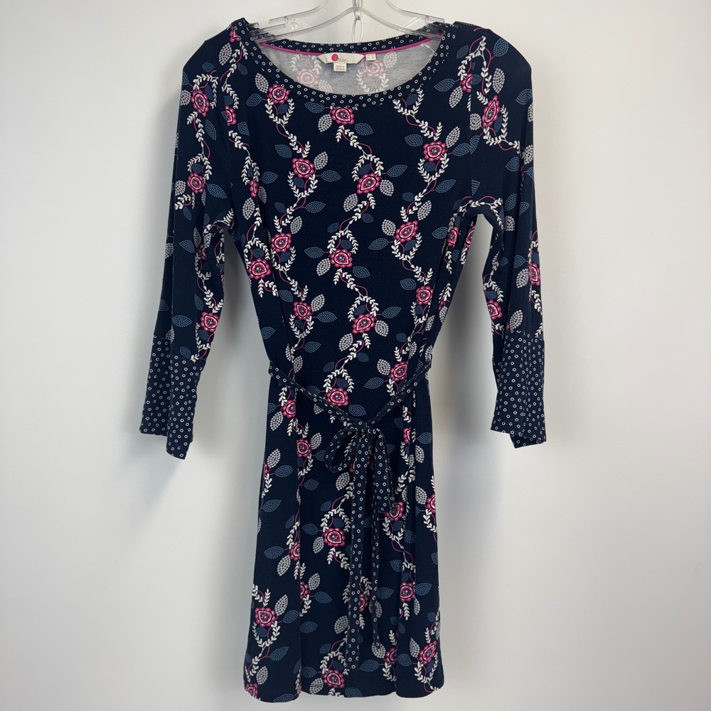 Boden Womens Navy Blue Floral Jersey Knit Tie Waist Dress Long Sleeve US 6R